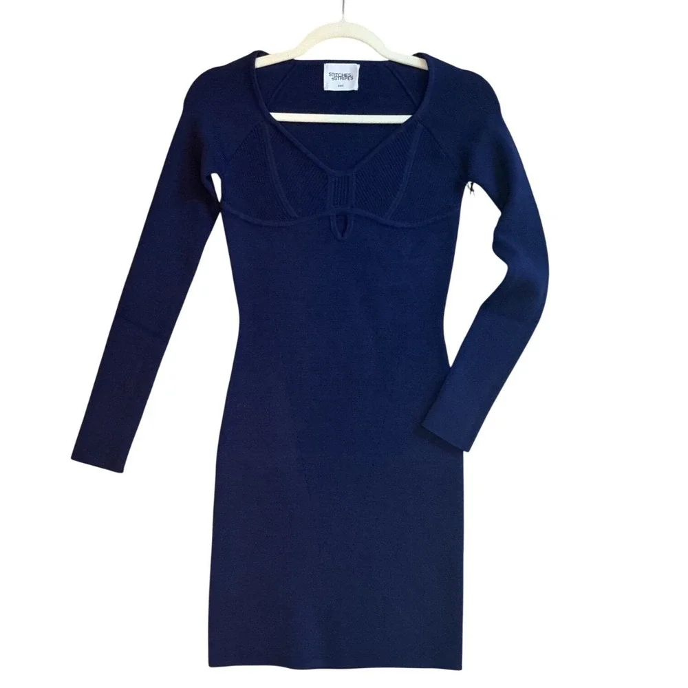 Stitches & Stripes Sapphire Blue Knit Mini Dress Sweetheart Keyhole  S